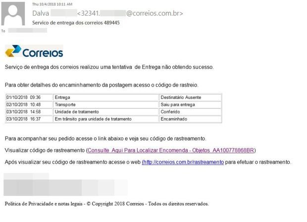 Malware se distribui a partir de e-mail falso dos Correios: note o endereço e linguagem suspeitas.